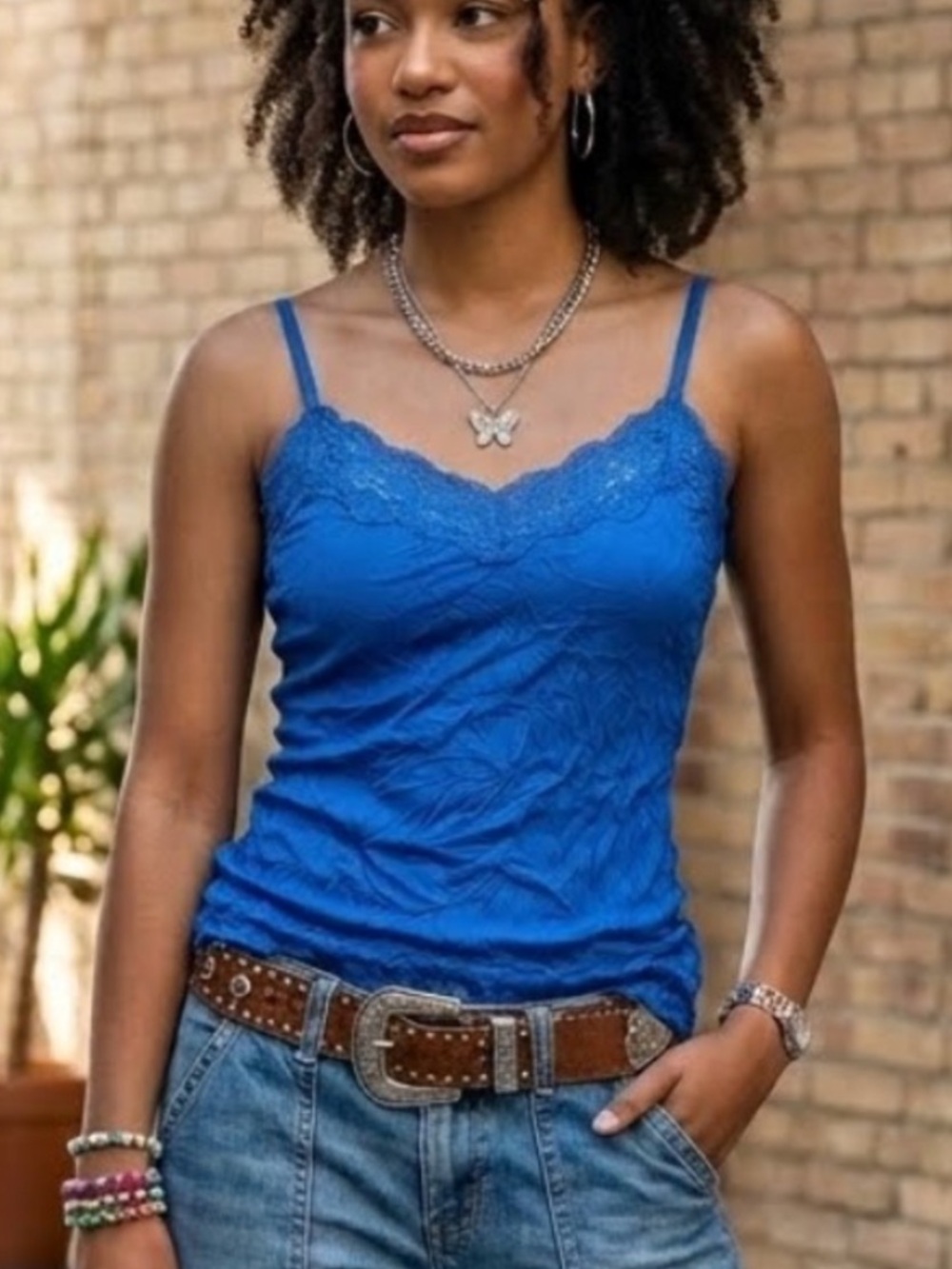 Y2K Grunge Royal Blue Floral Lace Trim Camisole Cami Tank Top Indie Crinkled Lrg